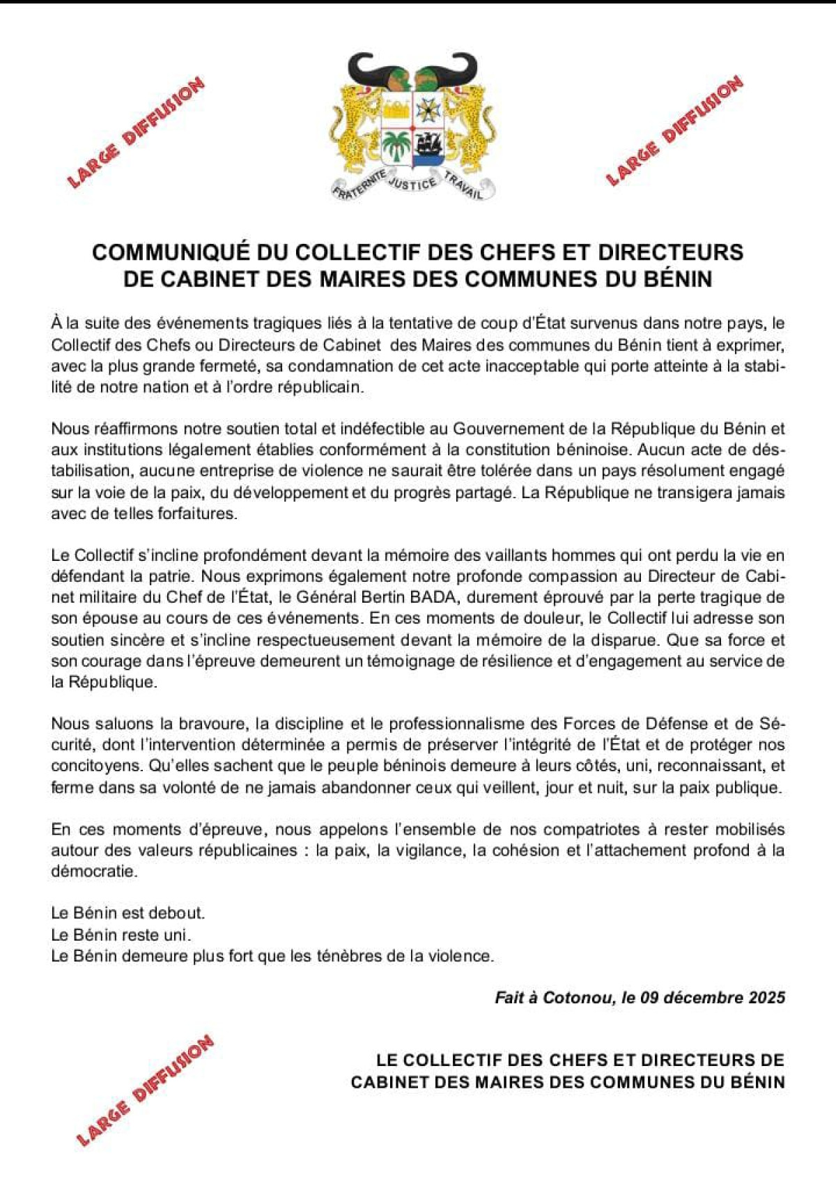 Coup d'état déjoué à Cotonou :Le collectif des Chefs ou Directeurs de Cabinet des Maires réagit