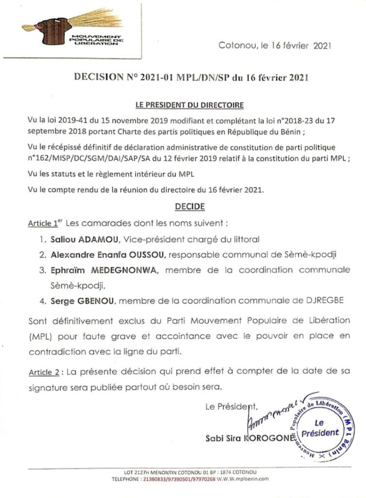 POUR FAUTE GRAVE ET COLLABORATION AVEC LE POUVOIR EN PLACE : Quatre membres du parti Mpl suspendus
