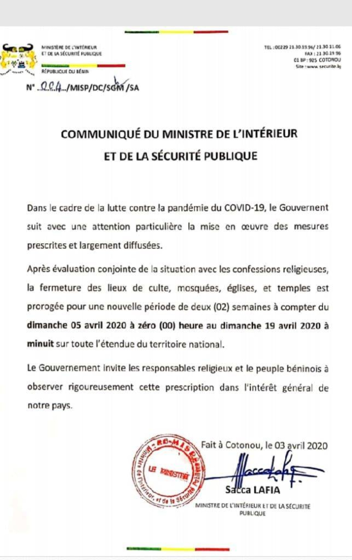 LUTTE CONTRE LA PROPAGATION DU COVID- 19 : Sacca Lafia prolonge la durée de fermeture des lieux de culte