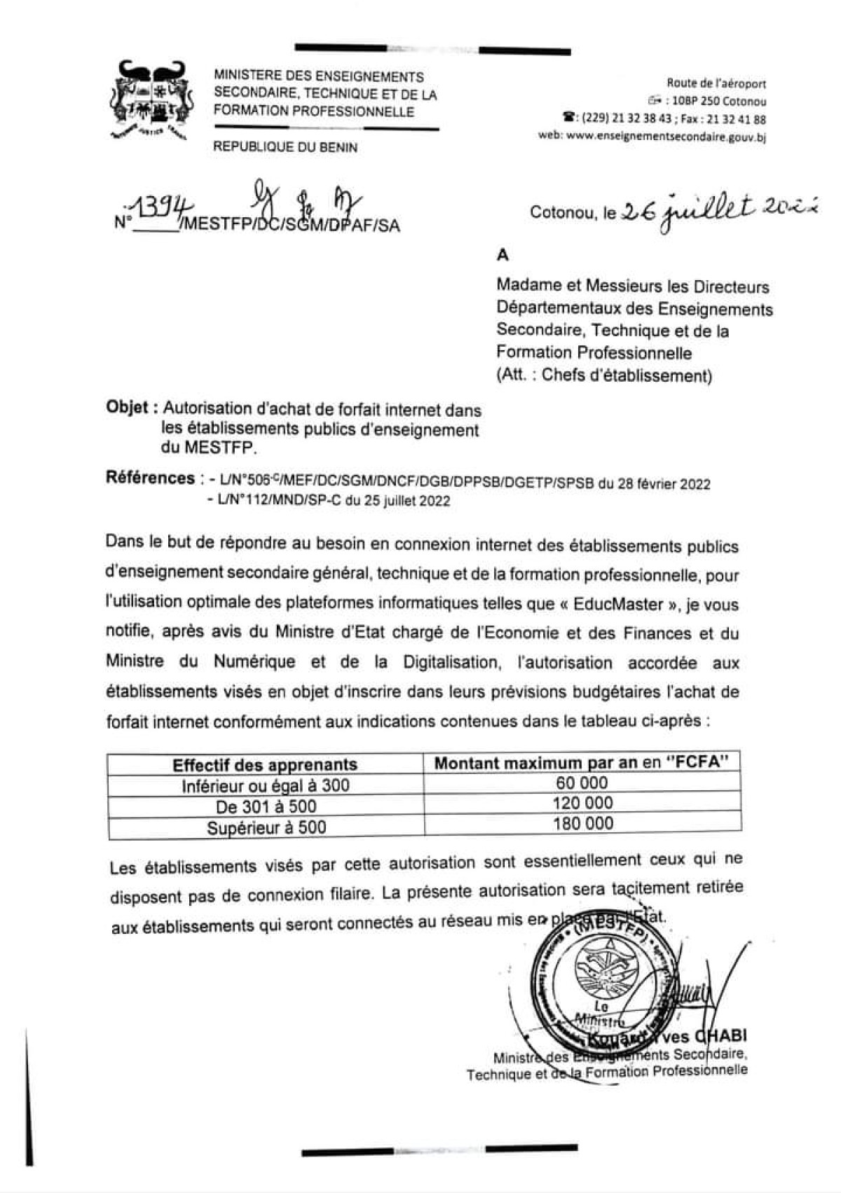 ENSEIGNEMENT SECONDAIRE AU BÉNIN : Les établissements publics peuvent désormais se procurer de forfait internet