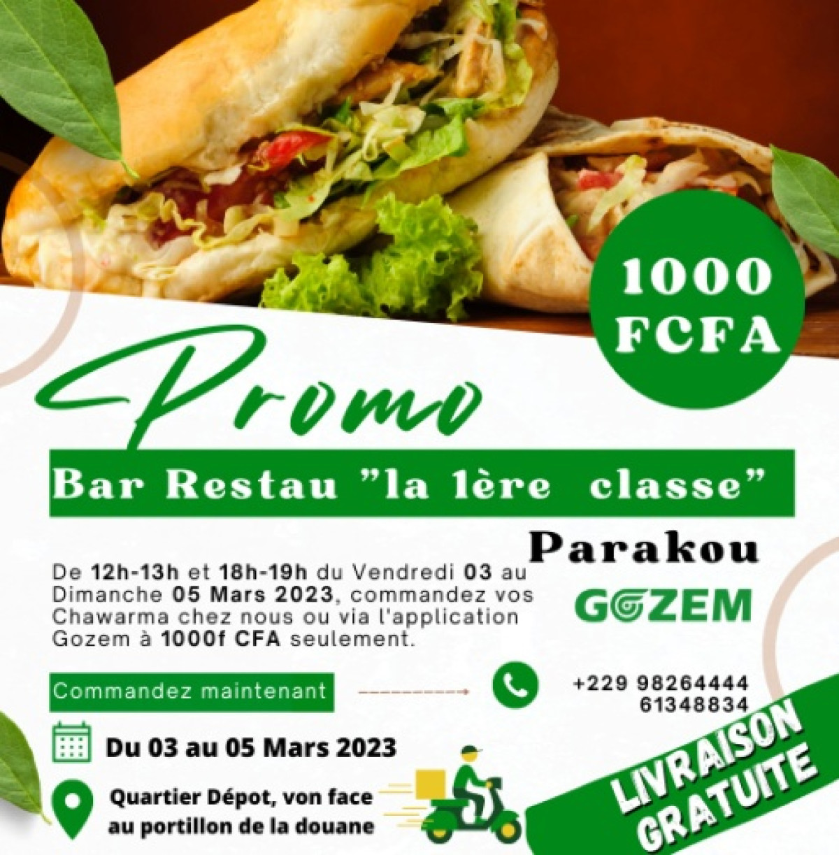 BAR RESTAURANT AUBERGE LA 1ERE CLASSE À PARAKOU : Offrez-vous du bon Shawarma à partir de 1 000 F