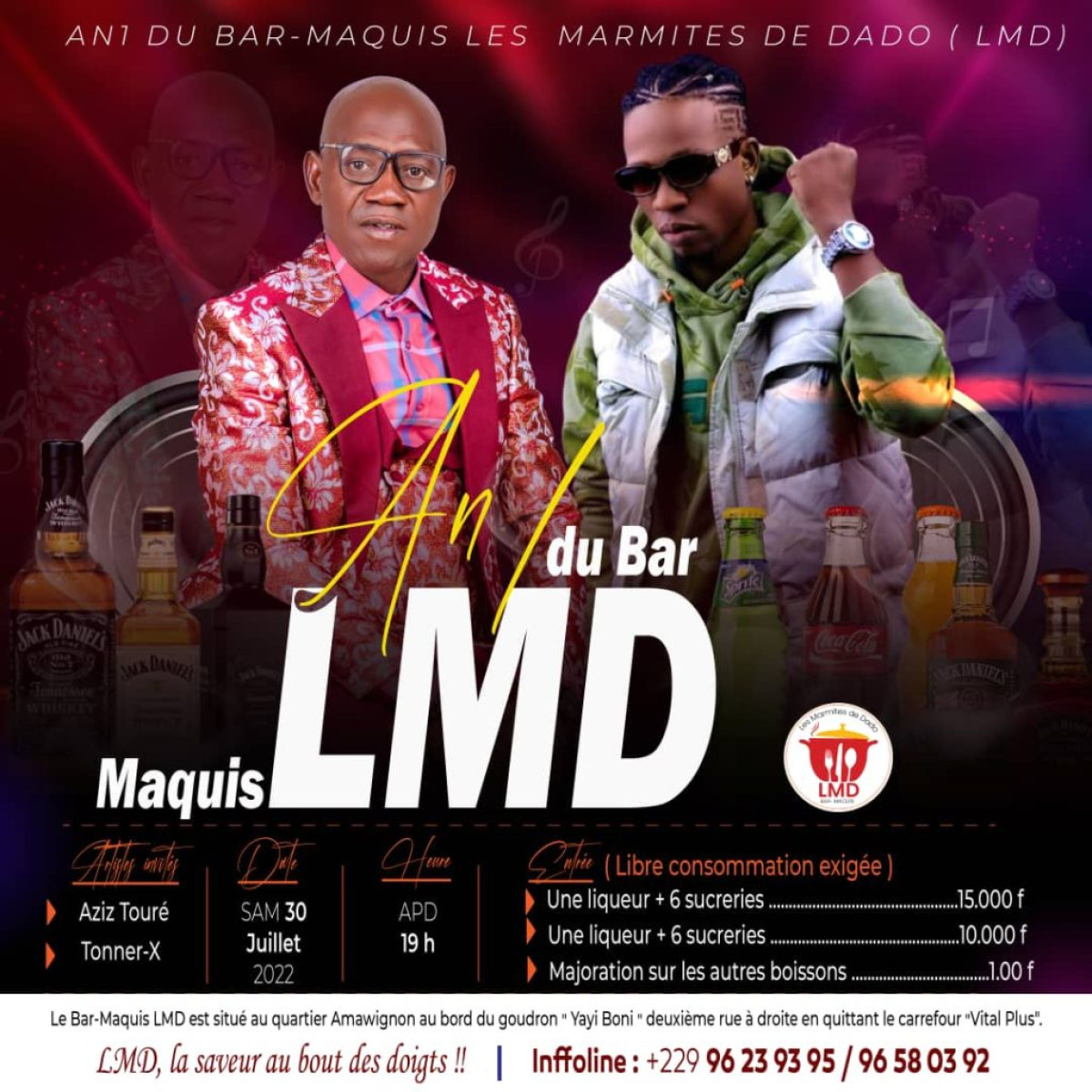 AN 1 DU BAR, MAQUIS LES MARMITES DE DADO À PARAKOU : Un géant concert offert à la population ce samedi . Aziz Touré et Tonner X sur scène