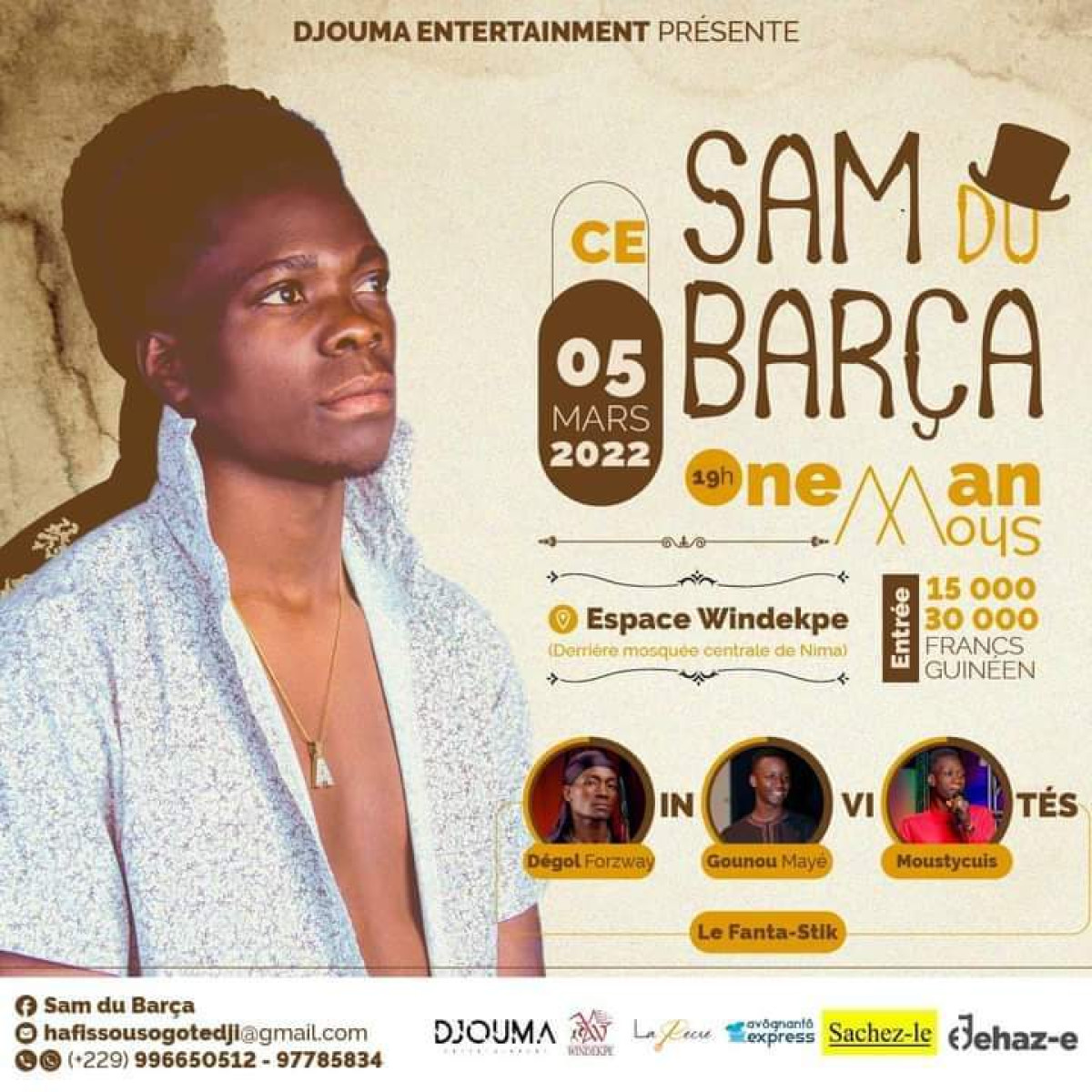 GRANDE SOIRÉE DE FOU RIRE À PARAKOU : L’humoriste Sam du Barça en « One Man Show » le 5 mars