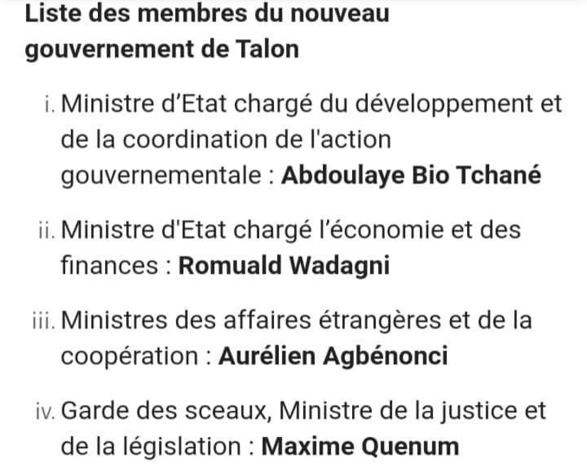 BÉNIN : Voici le nouveau gouvernement de Talon