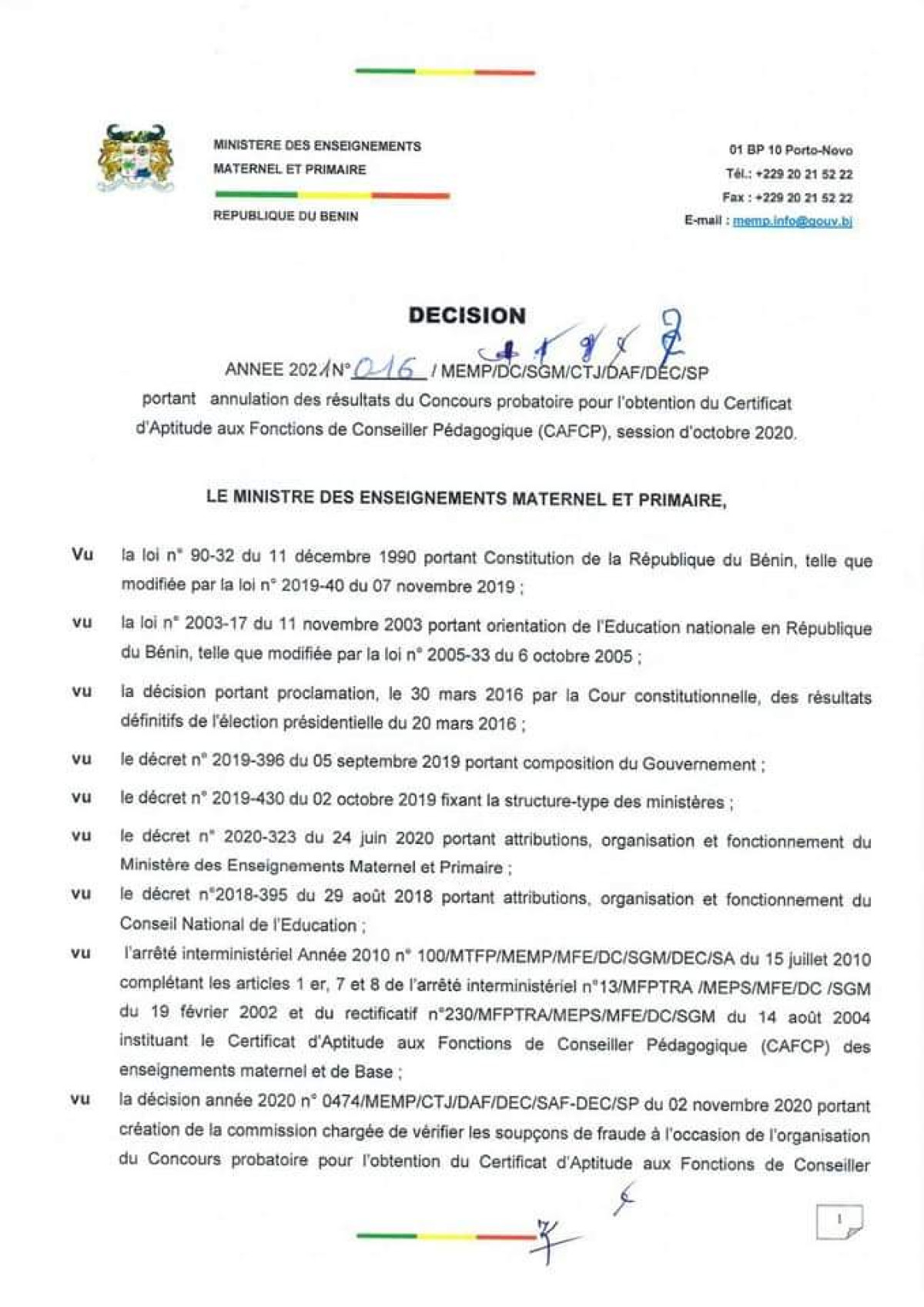 BÉNIN/MINISTÈRE DES ENSEIGNEMENTS MATERNEL ET PRIMAIRE : Le concours probatoire pour l’obtention du Cafcp annulé