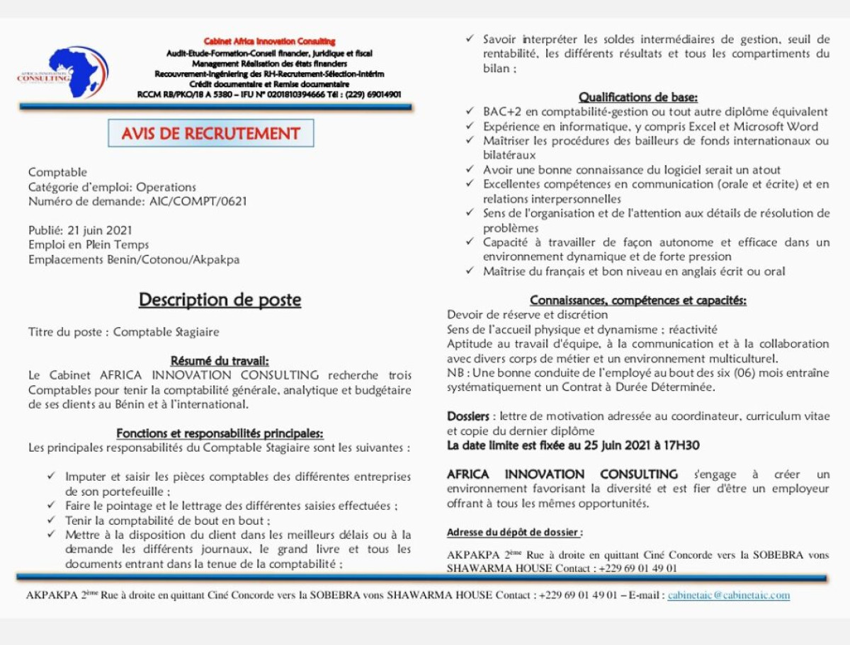 AVIS DE RECRUTEMENT : Le cabinet Africa innovation consulting recherche des comptables
