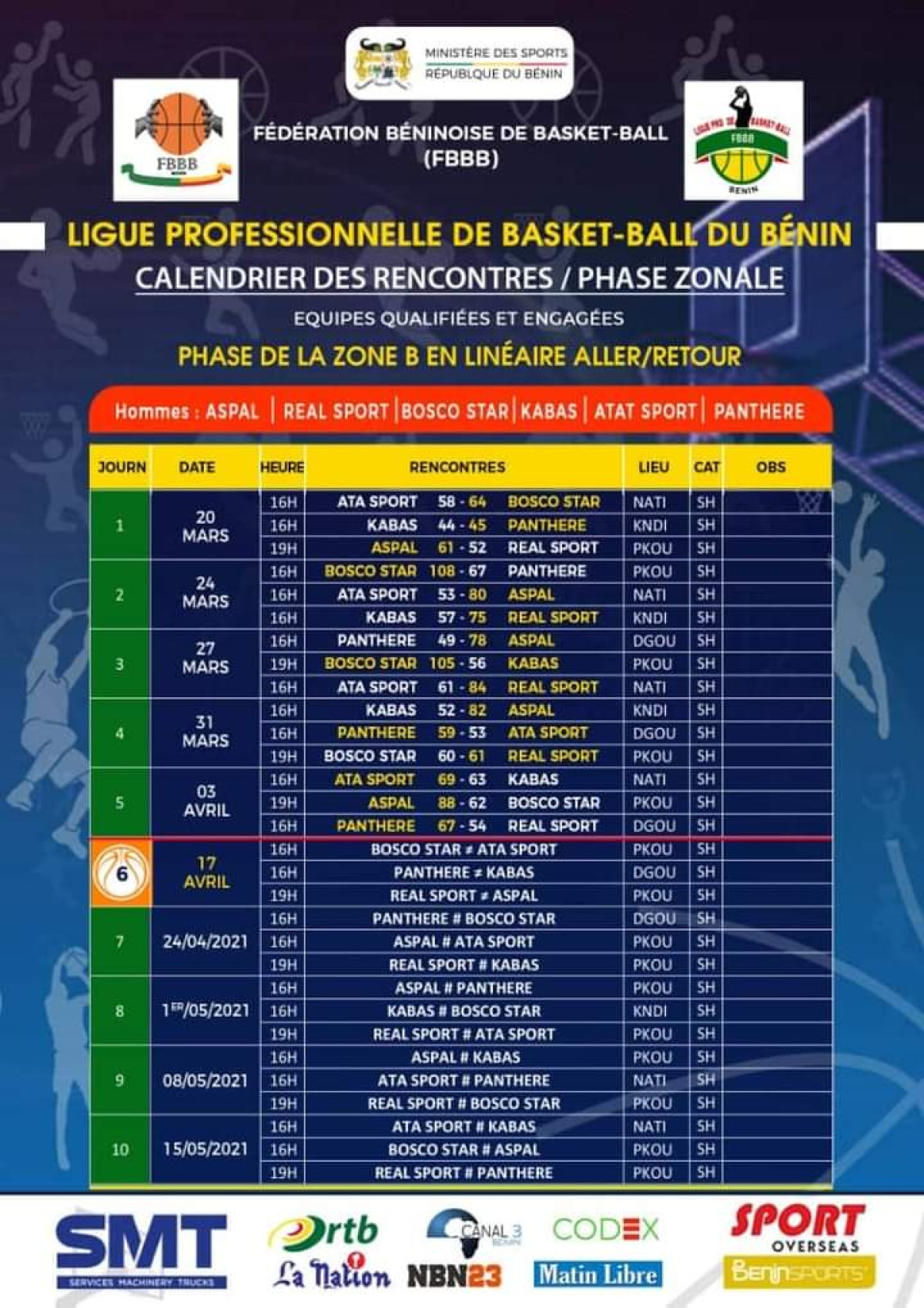 LIGUE PROFESSIONNELLE DE BASKETBALL AU BENIN : Suite du calendrier des matchs dans la zone B/Homme