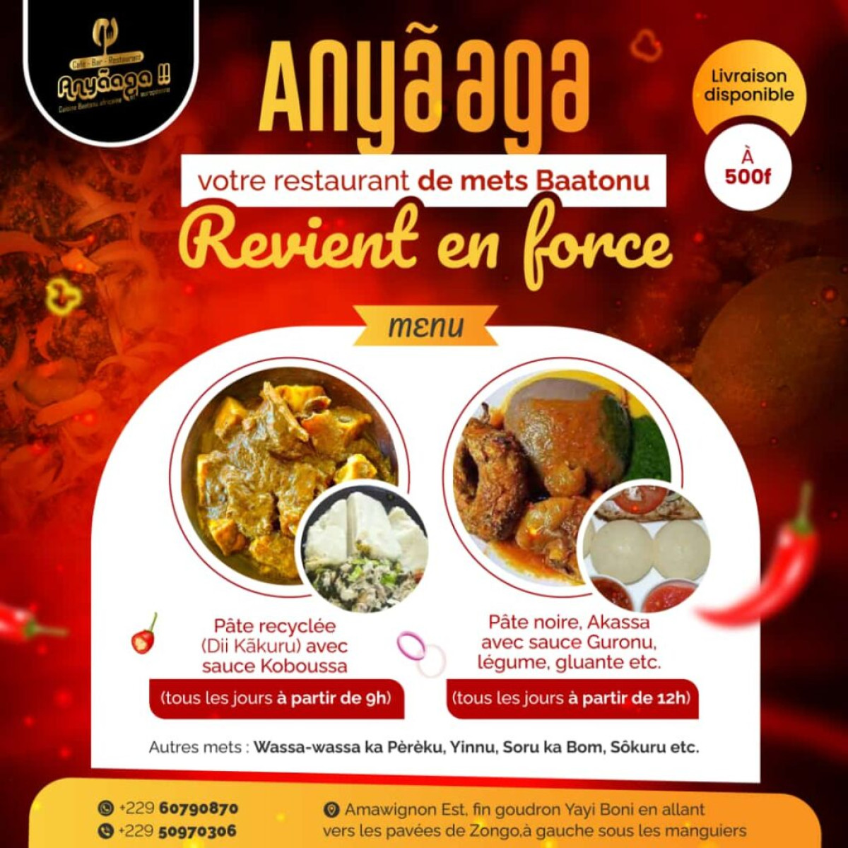 SPÉCIALISÉ DANS LA GASTRONOMIE 100% BAATONU À PARAKOU : Votre restaurant Anyaaga fait son grand retour à Parakou . Mangez de la pâte recyclée avec sauce Koboussa, Yinnu, Soru ka Bom, Wassa-wassa etc