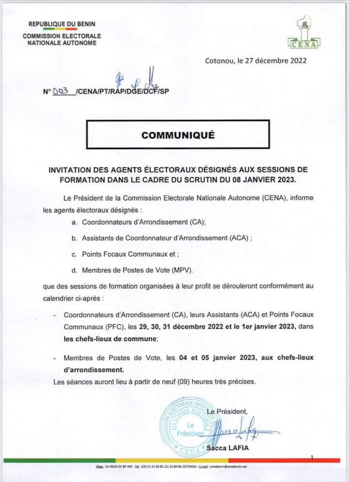 LÉGISLATIVES DU 8 JANVIER 2023 AU BÉNIN : La Céna donne les dates des sessions de formation des agents électoraux