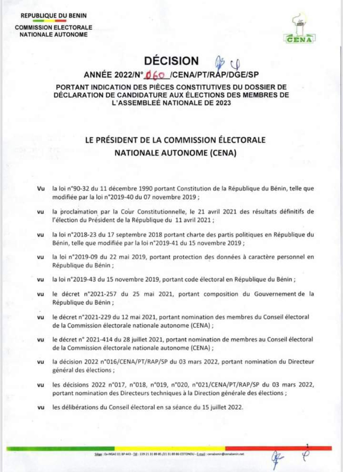 LÉGISLATIVES DE JANVIER 2023 AU BÉNIN : La Céna dévoile la liste des pièces de candidatures