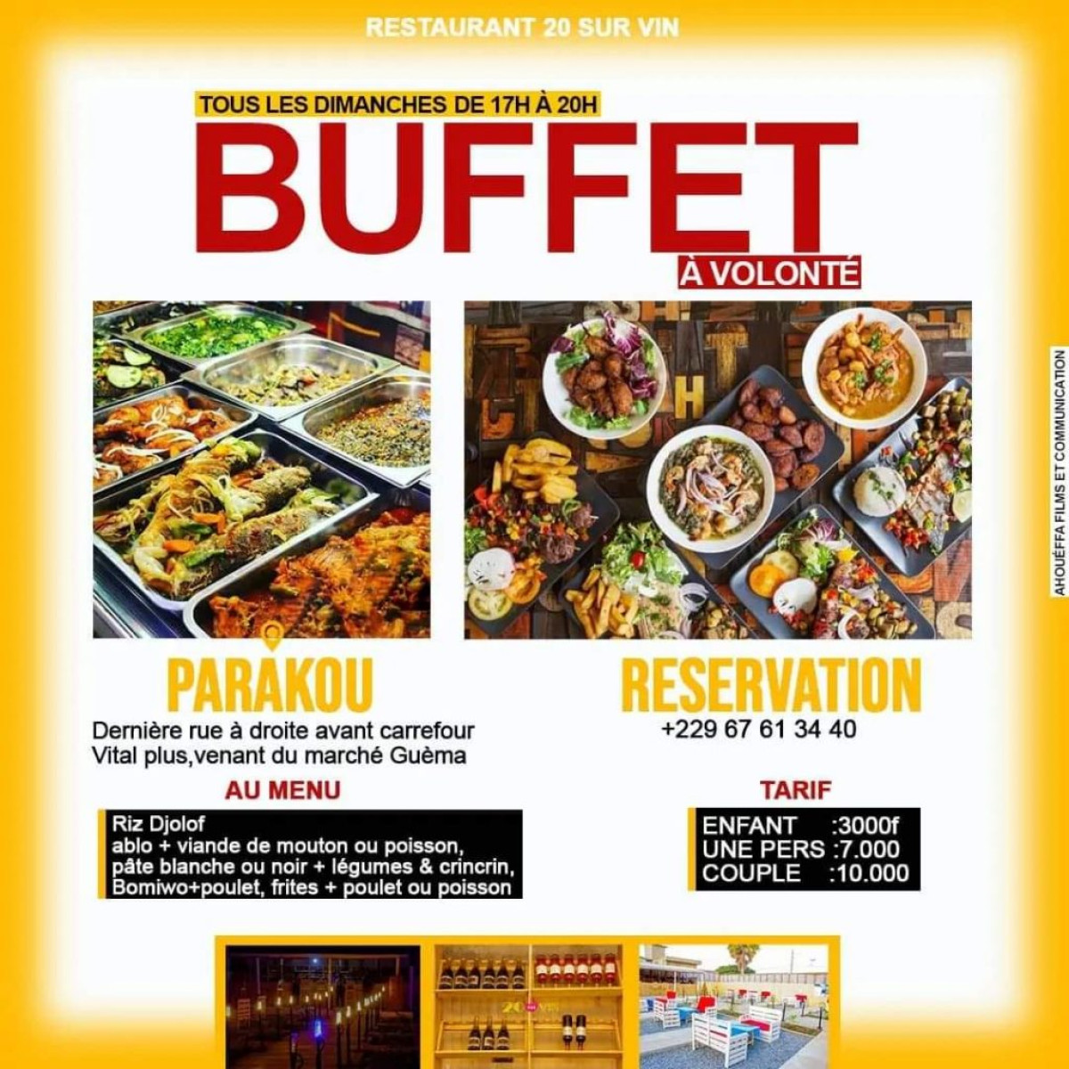 AU RESTAURANT 20 SUR VIN A PARAKOU, Un buffet très bien garni vous est proposé pour votre plaisir . Mangez à volonté et bien, tous les dimanches à partir de 17h