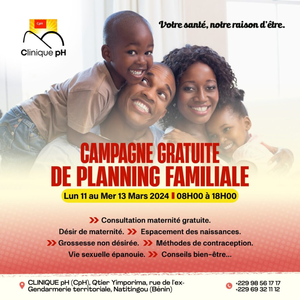 DU 11 AU 13 MARS 2024 A NATITINGOU : La clinique pH organise une campagne gratuite de planification familiale
