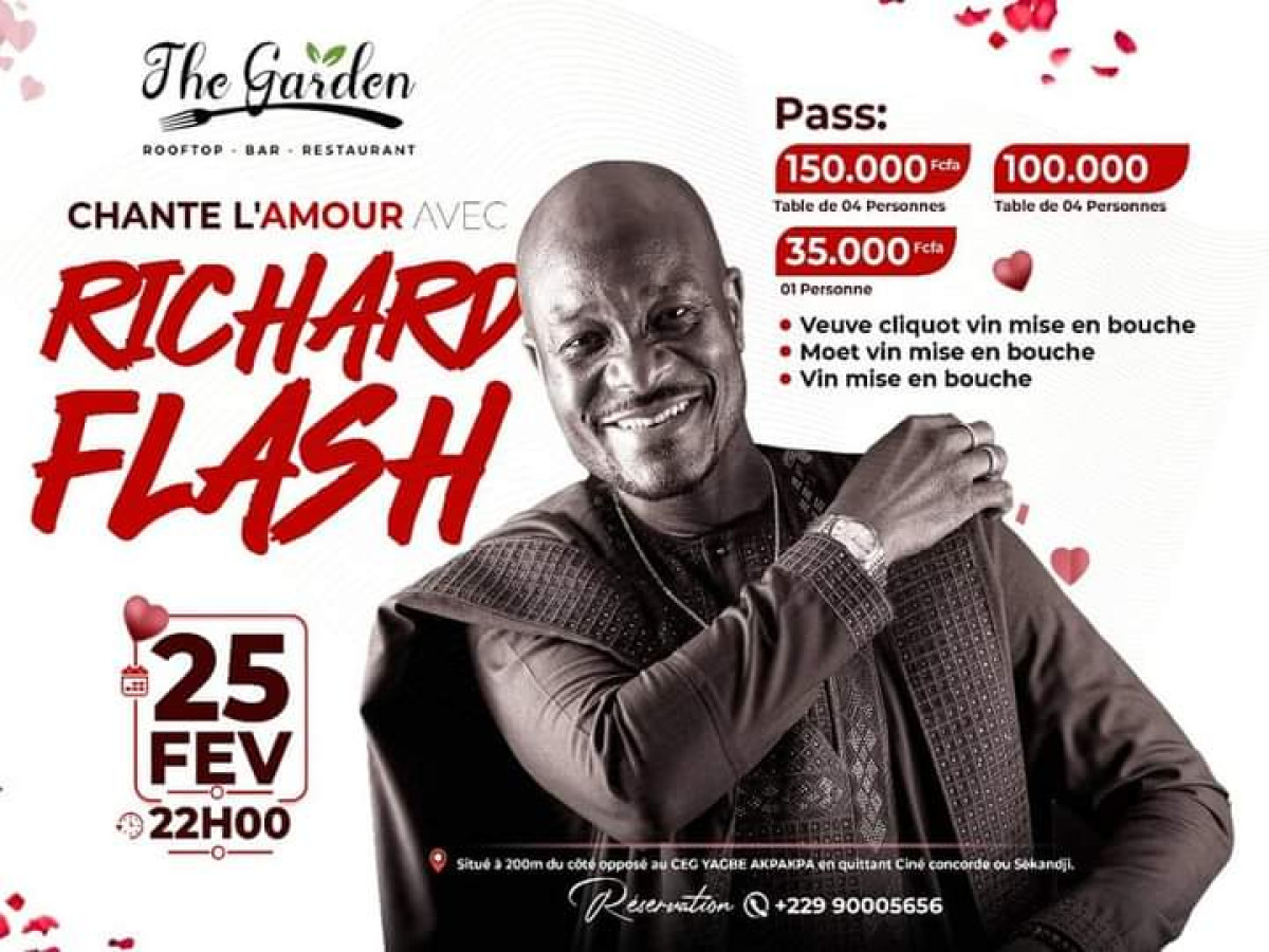 SOIRÉE « CHANTE L&rsquo;AMOUR AVEC RICHARD FLASH » À COTONOU : C&rsquo;est ce soir au Rooftop-Bar-Restaurant The Garden