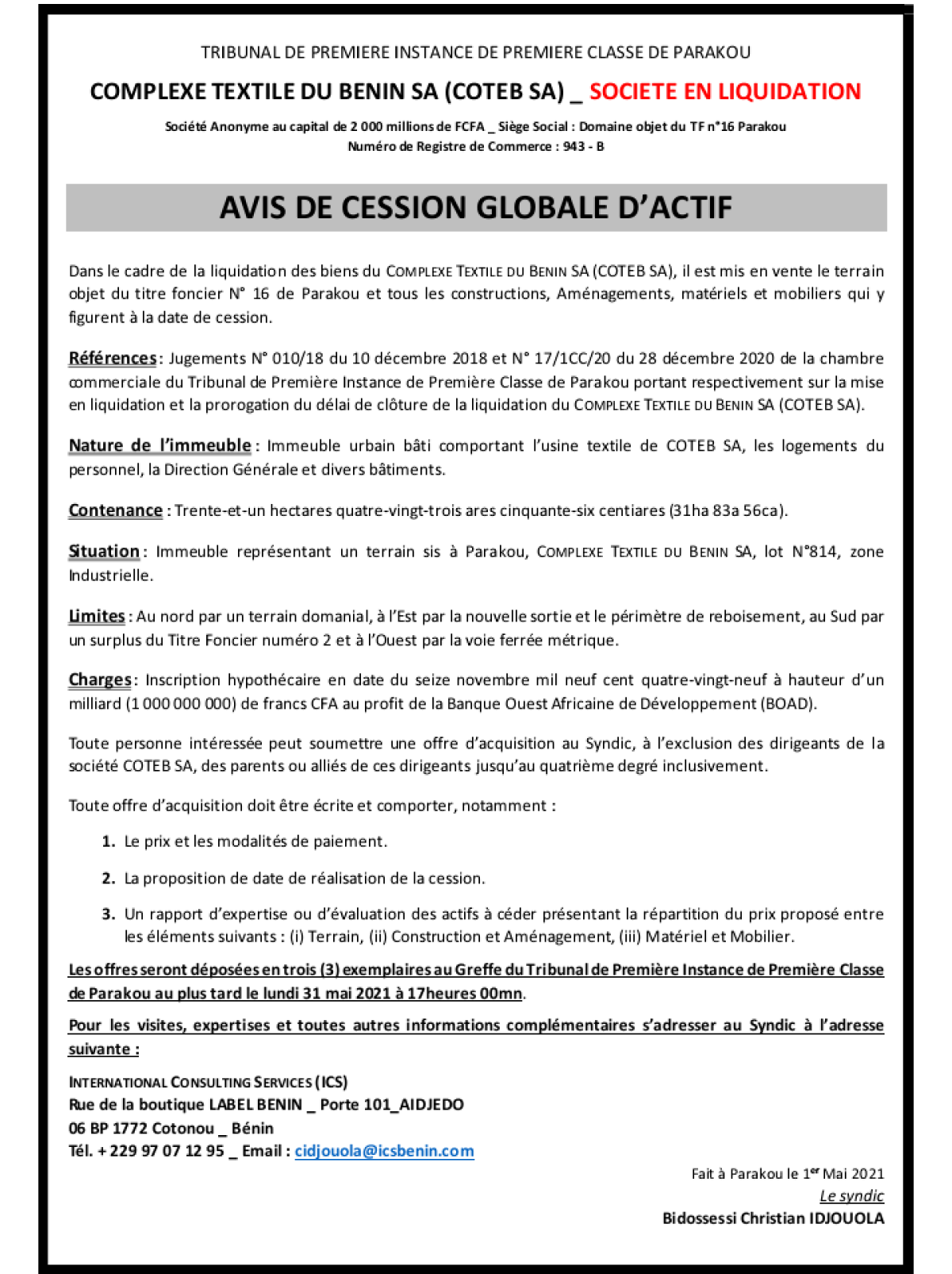 ANNONCE : Lire un avis de cession globale des actifs de la société Coteb Sa