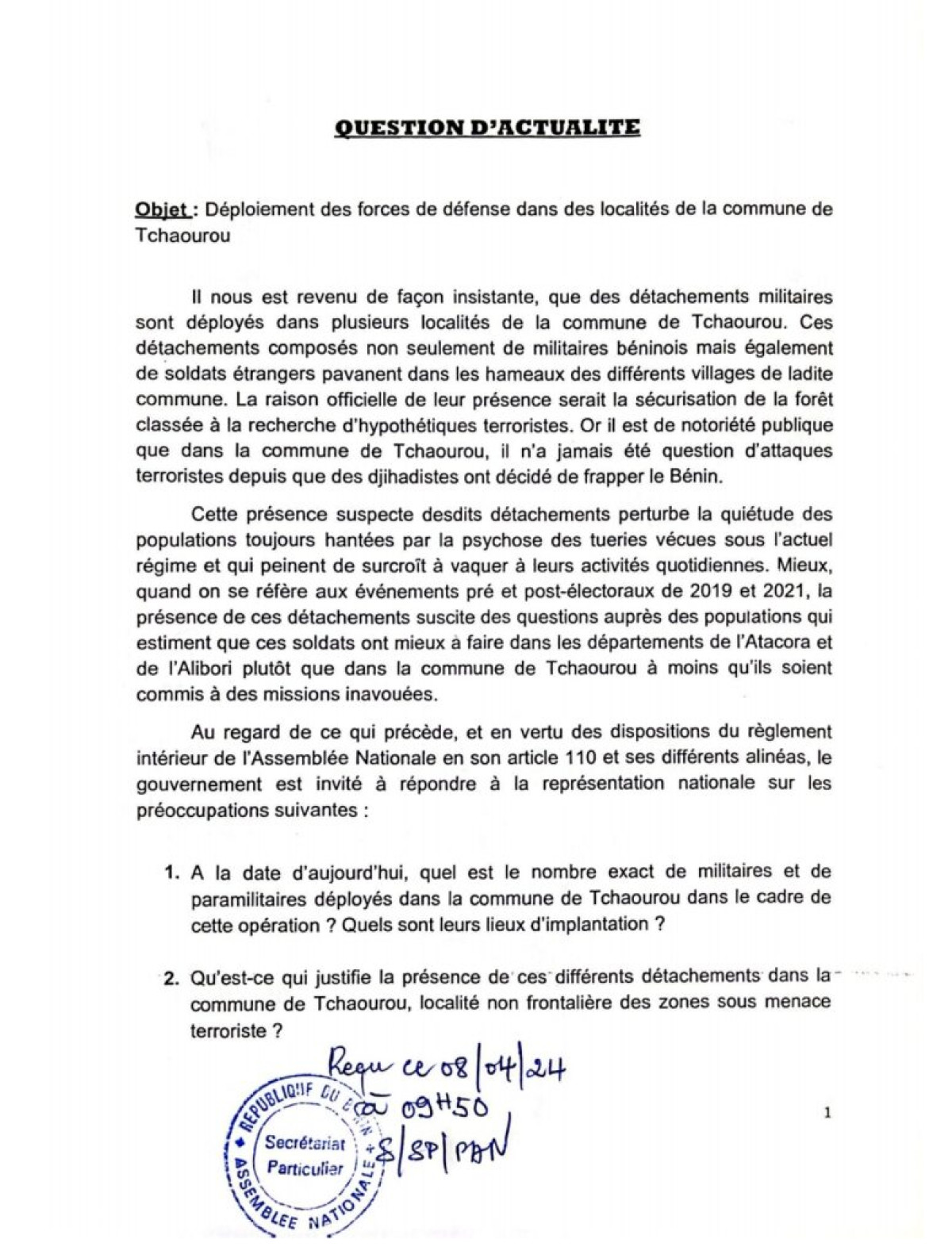 PRÉSENCE ÉTRANGE DES MILITAIRES DANS DES LOCALITÉS DE TCHAOUROU : Les députés « Les Démocrates » demandent des explications au gouvernement