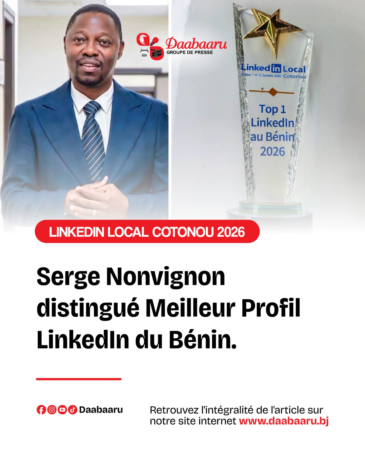 Linkedin local Cotonou 2026: Serge Nonvignon distingué meilleur profil du Bénin