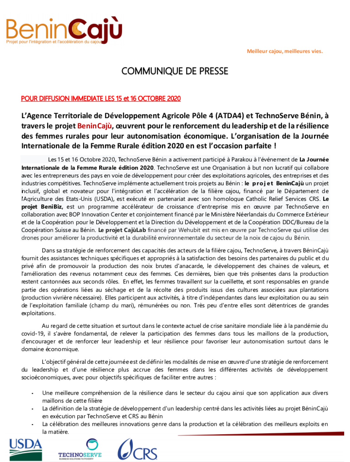 JOURNÉE INTERNATIONALE DE LA FEMME RURALE ÉDITION 2020 : TechnoServe Bénin et l’Atda4 célèbrent l’événement ce jour à Parakou