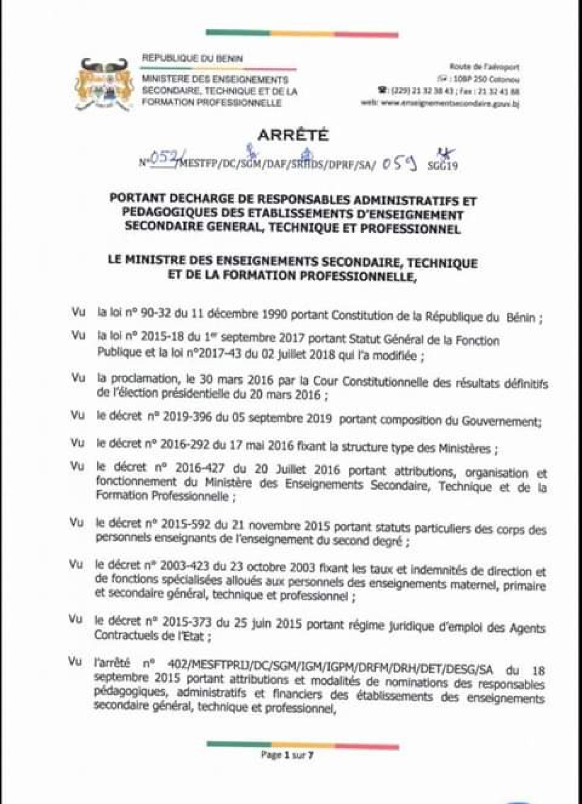 ENSEIGNEMENT SECONDAIRE AU BÉNIN Plusieurs responsables administratifs et pédagogiques déchargés .La liste complète par département