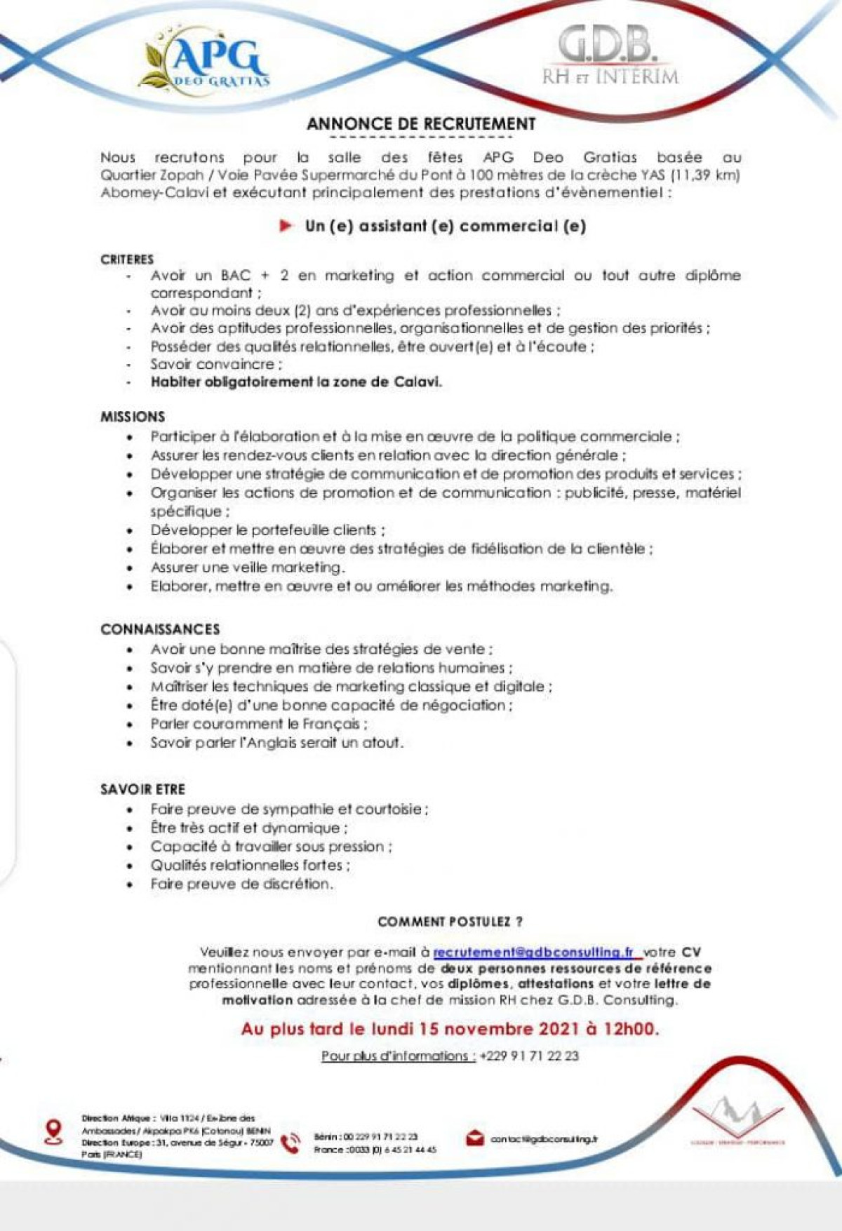ABOMEY CALAVI/POUR LA SALLE DES FETES APG DÉO GRATIAS : L’agence Gbd recrute un assistant commercial et un comptable