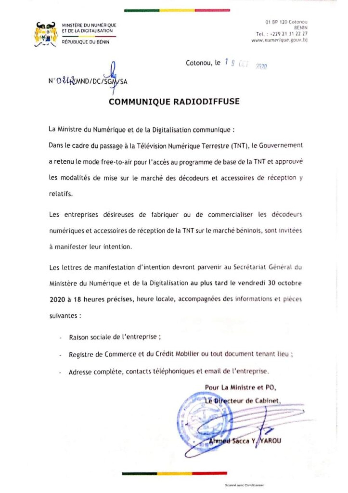 POUR L&rsquo;ACQUISITION DES DÉCODEURS À LA TNT AU BÉNIN : Le gouvernement lance un avis à manifestation