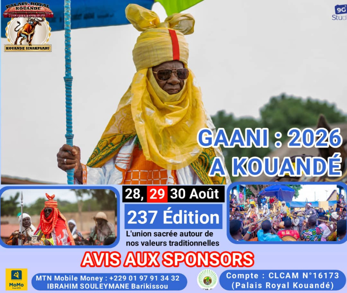 Gaani 2026 à Kouandé: sa Majesté Bagana Tounko Cessi 2 célèbre le 29 août
