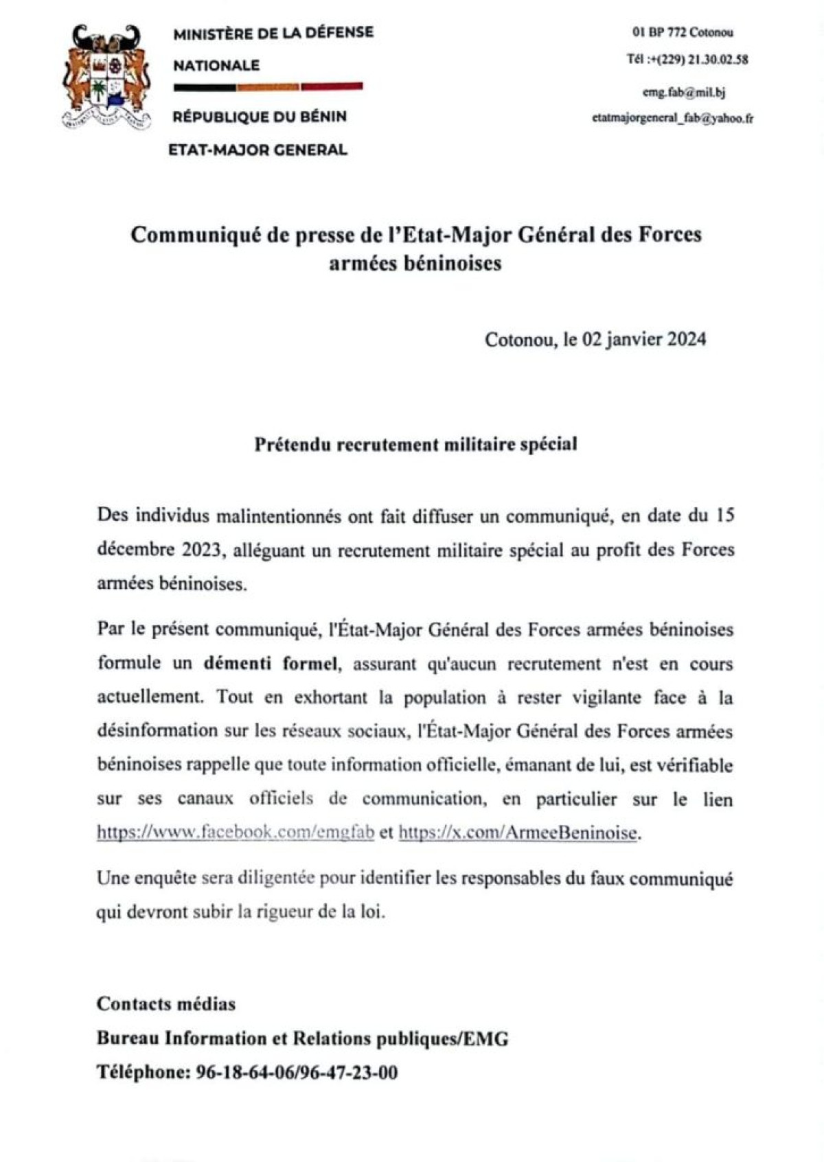 PRÉTENDU RECRUTEMENT SPÉCIAL DE MILITAIRES AU BÉNIN : Le gouvernement appelle à la vigilance