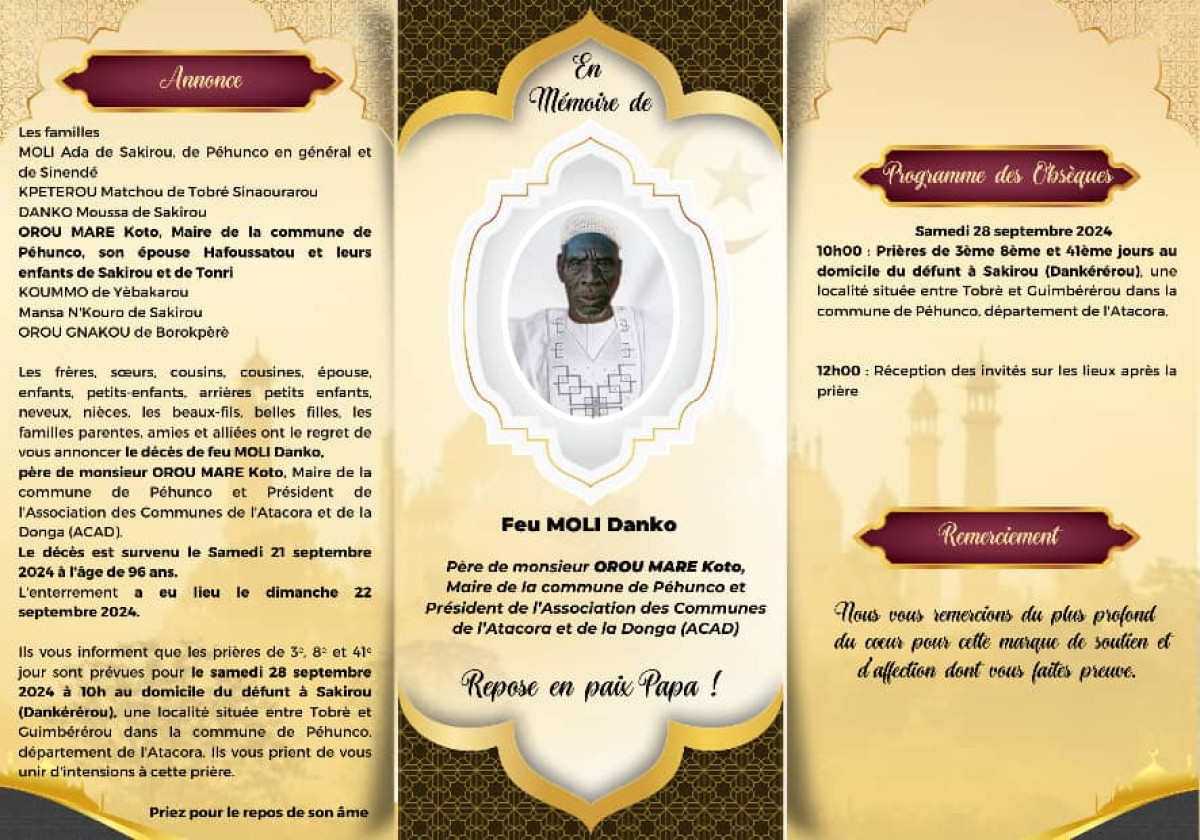 OUASSA-PÉHUNCO : Le maire Orou Maré Koto a perdu son géniteur . Les prières musulmanes prévues le 28 septembre prochain