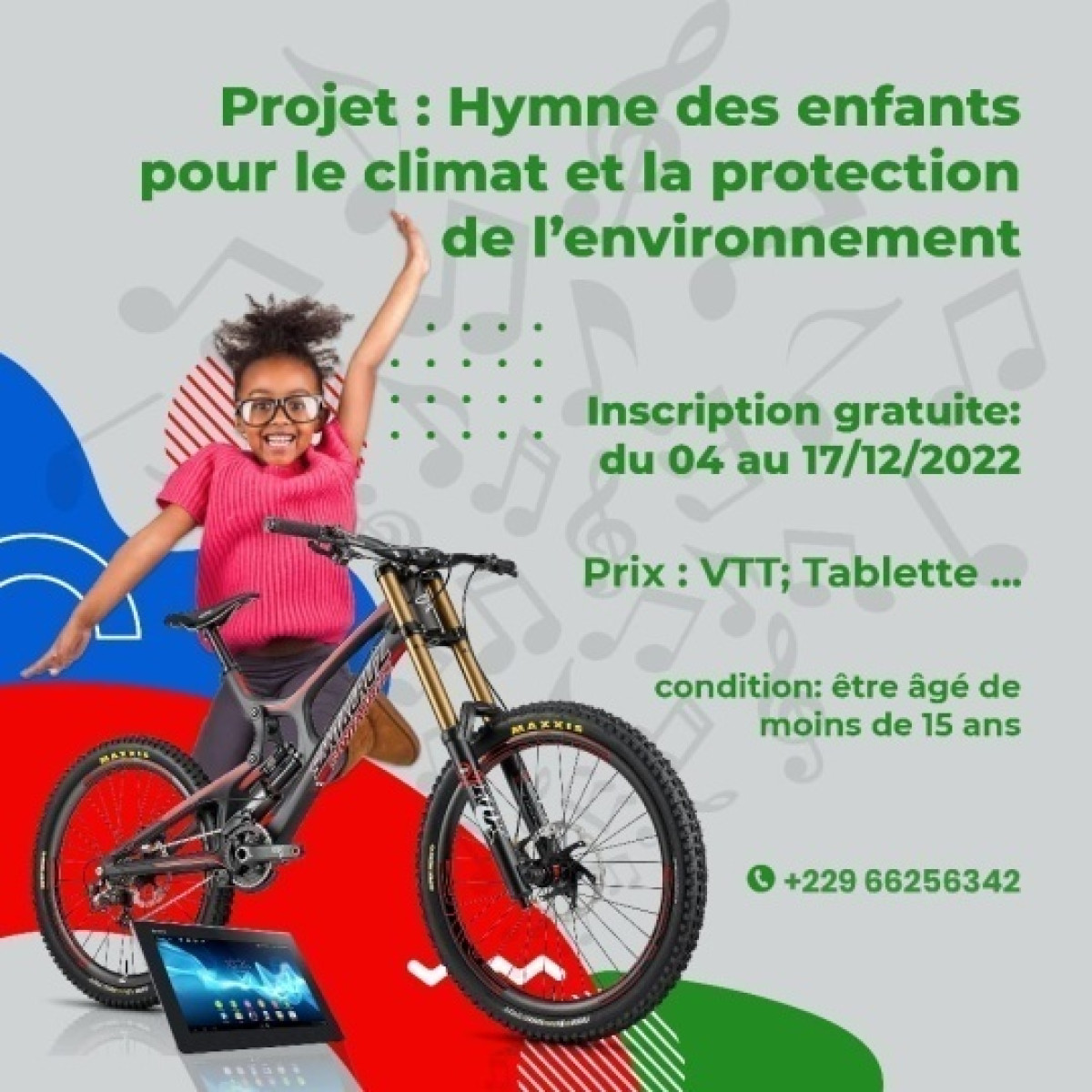 PROJET HYMNE DES ENFANTS POUR LE CLIMAT ET LA PROTECTION DE L&rsquo;ENVIRONNEMENT : Darius Chabi lance un concours environnemental d&rsquo;envergure national . L&rsquo;inscription est gratuite et prend fin le 17 décembre prochain