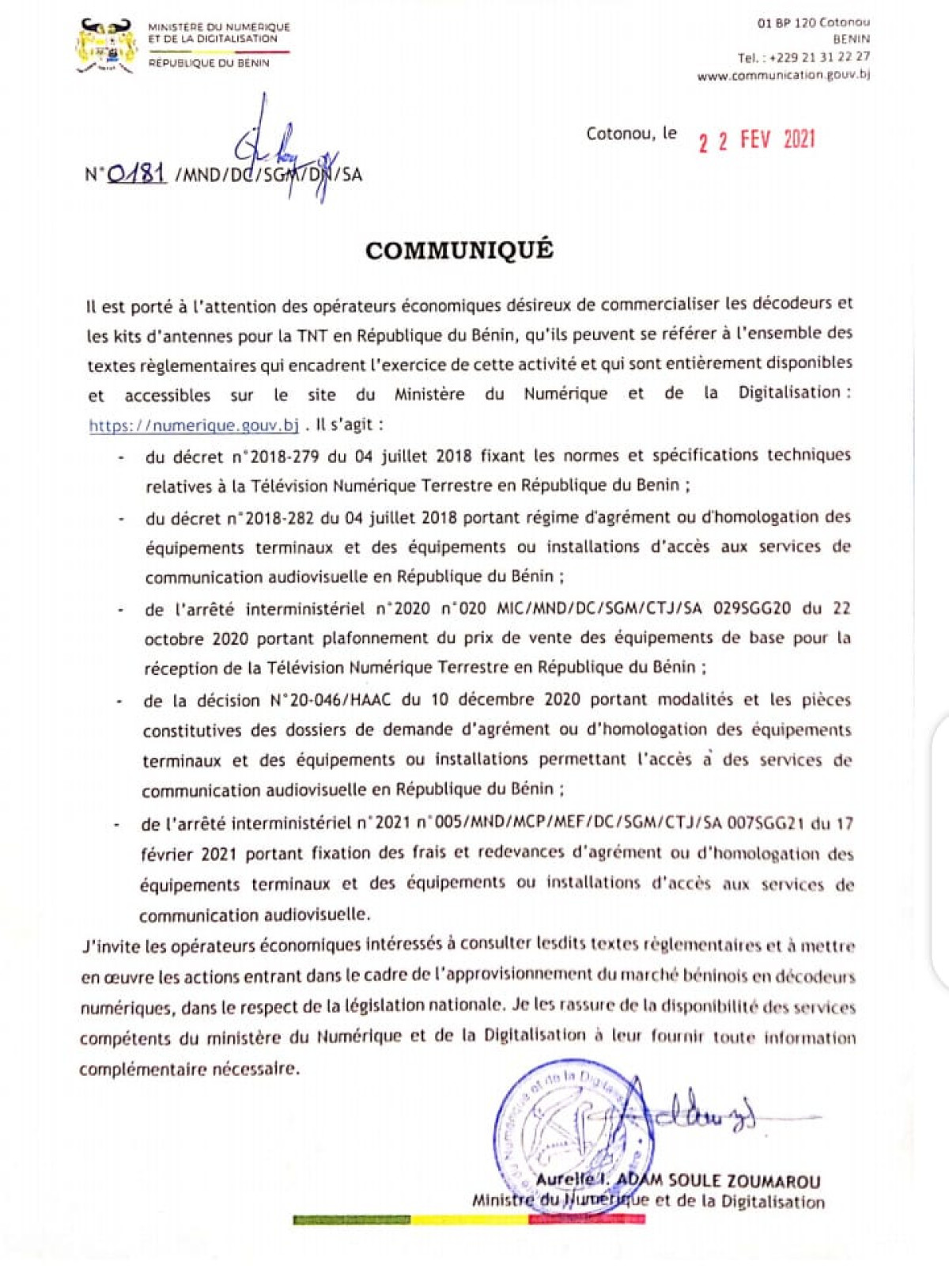 COMMERCIALISATION DES DÉCODEURS ET KITS D&rsquo;ANTENNES POUR LA TNT AU BÉNIN : Un important communiqué à l&rsquo;endroit des opérateurs économiques