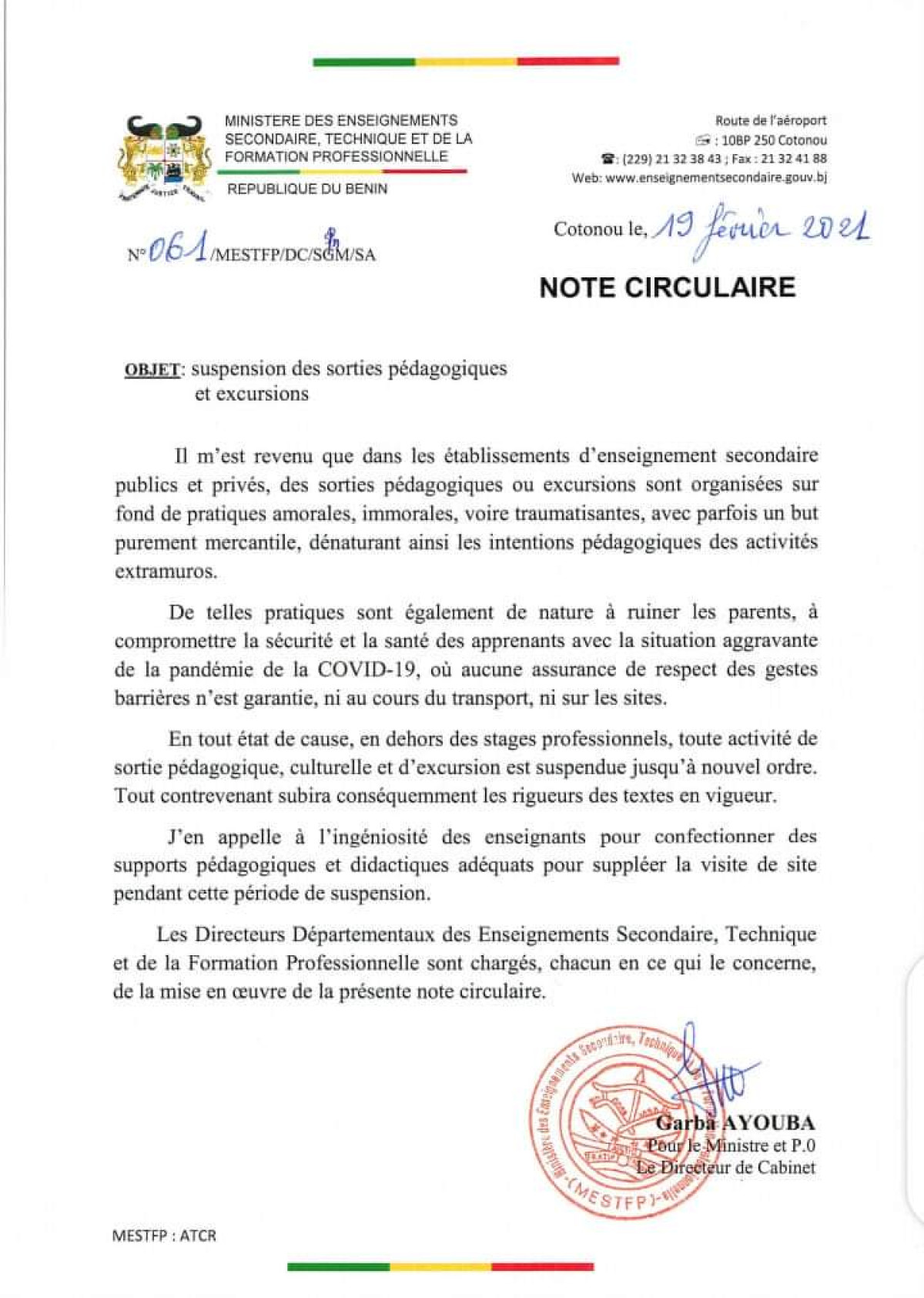 ENSEIGNEMENT SECONDAIRE AU BÉNIN : Les sorties pédagogiques et excursions suspendues