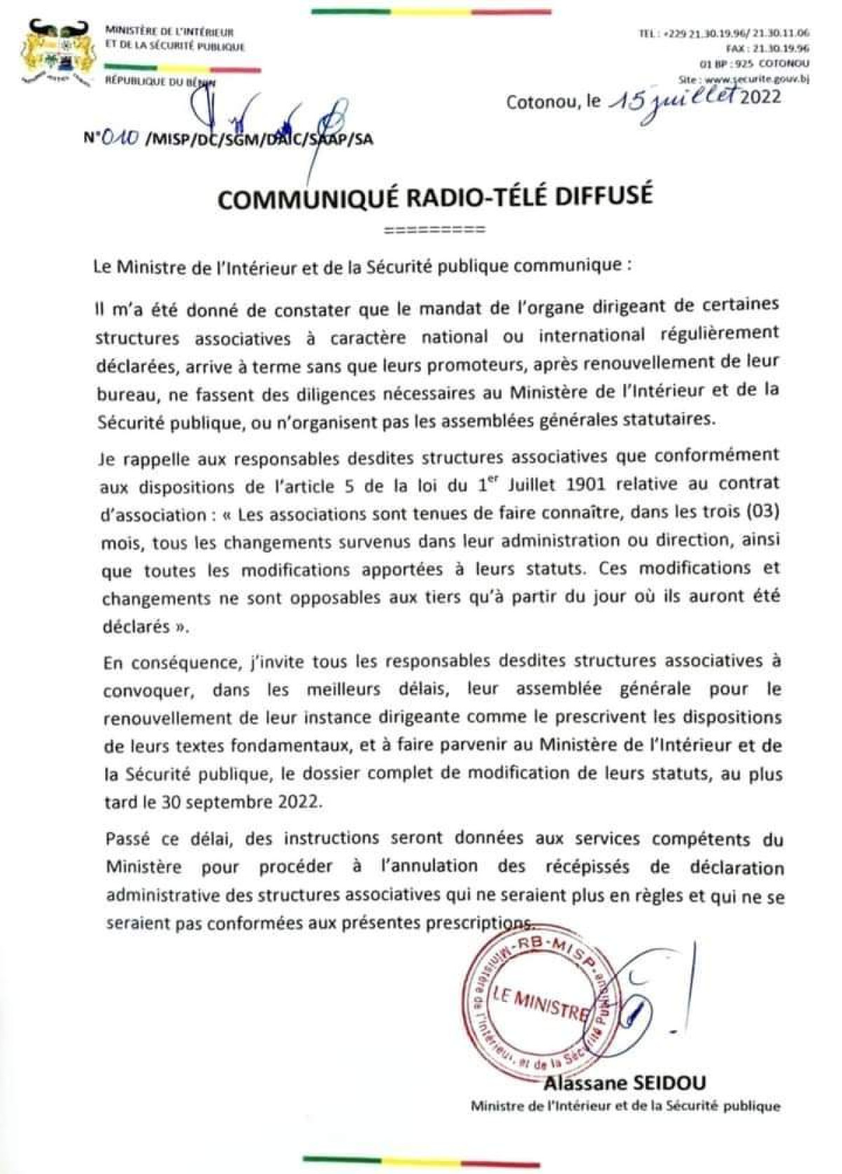 NON RENOUVELLEMENT DE L’ORGANE DIRIGEANT DE CERTAINES ASSOCIATIONS : Les responsables des structures concernées invités à se conformer à la loi
