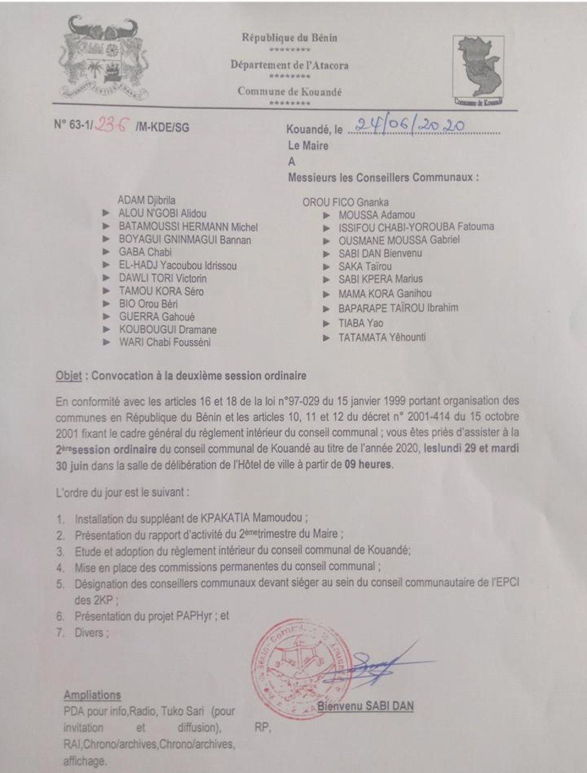 COMMUNE DE KOUANDÉ : Les conseillers communaux en session le 29 juin prochain