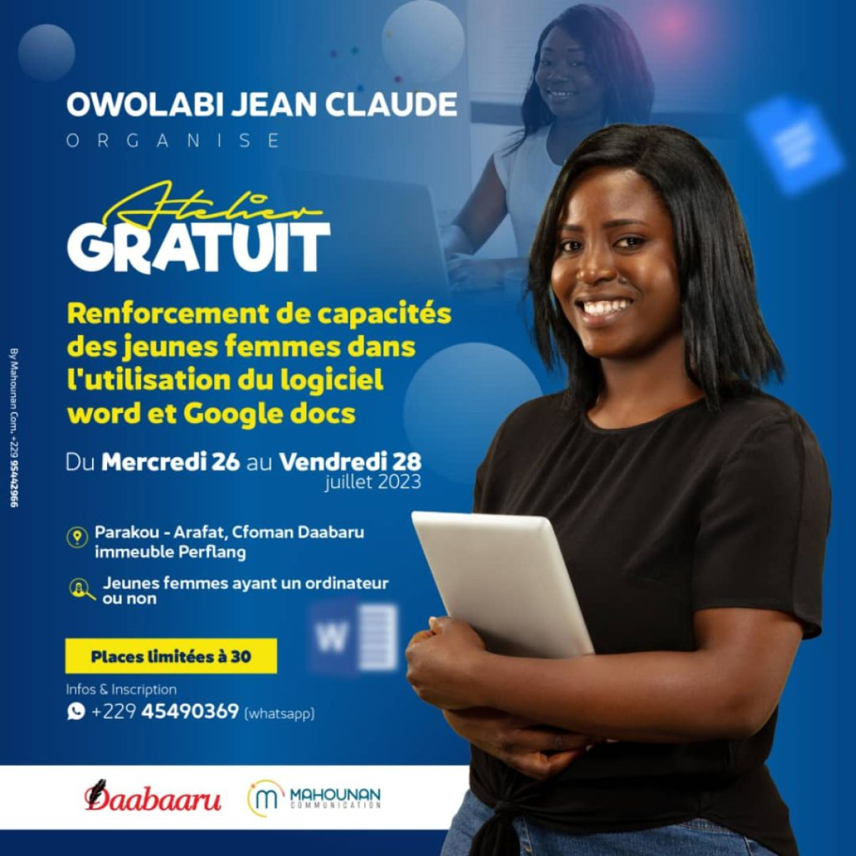 PARAKOU/FORMATION GRATUITE AU PROFIT DES FEMMES : Owolabi Jean Claude forme sur l&rsquo;utilisation du logiciel Word et Google docs  . Voici comment participer