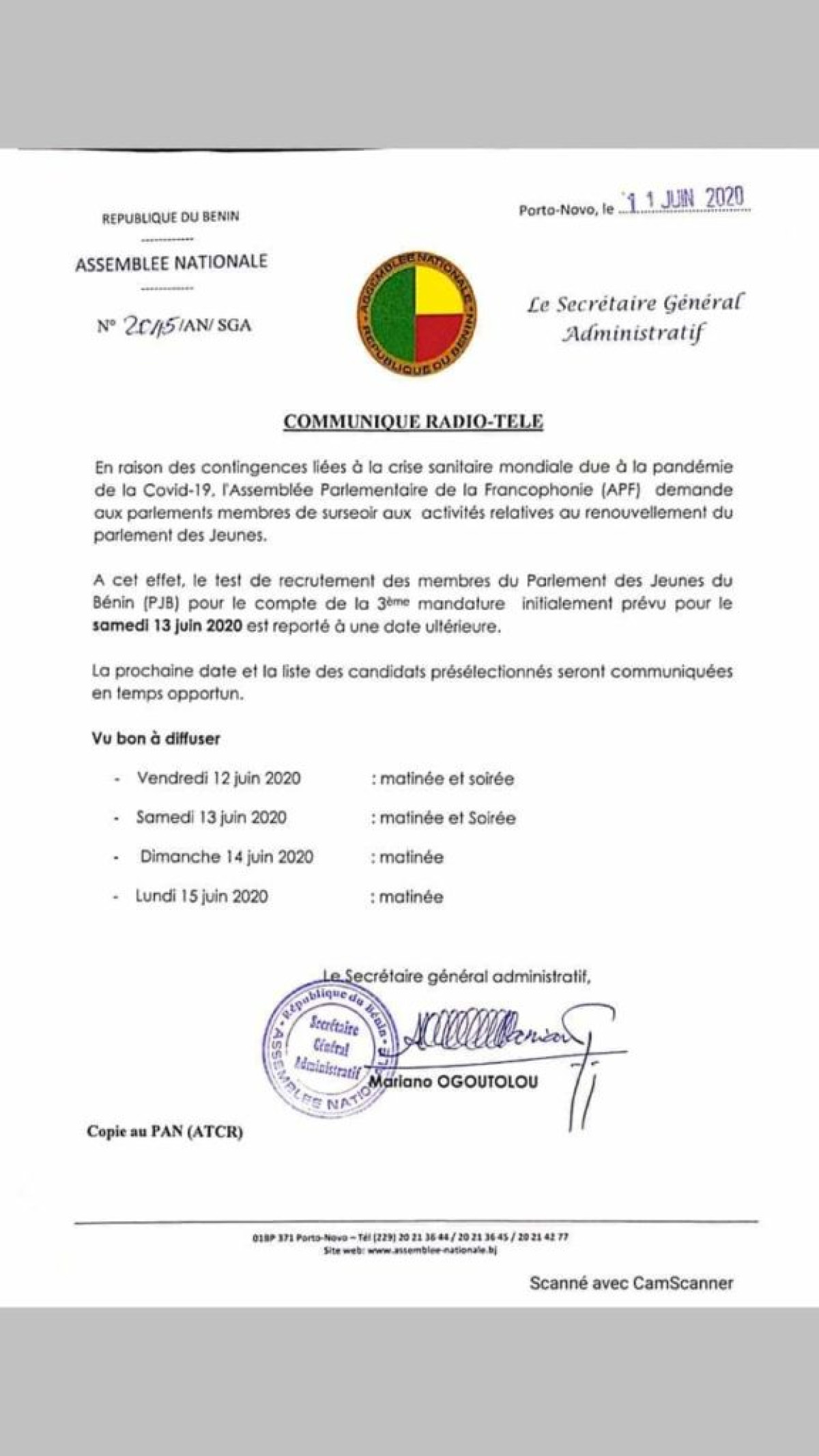 BÉNIN/ASSEMBLÉE NATIONALE : Le test de recrutement des jeunes parlementaires reporté