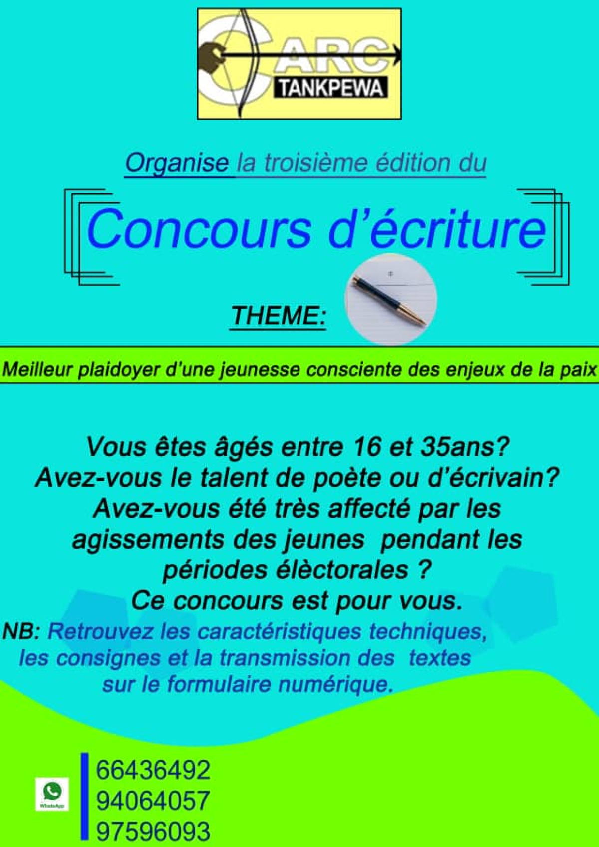 POUR UNE JEUNESSE CONSCIENTE DES ENJEUX DE LA PAIX AU BENIN : L’Ong Arc-Tankpewa lance le concours du « Meilleur plaidoyer »