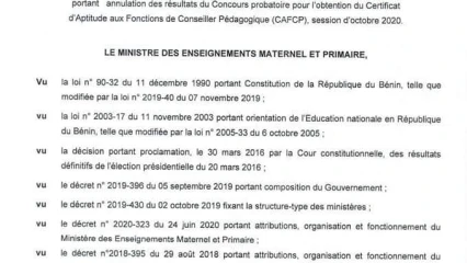 BÉNIN/MINISTÈRE DES ENSEIGNEMENTS MATERNEL ET PRIMAIRE : Le concours probatoire pour l&rsquo;obtention du Cafcp annulé