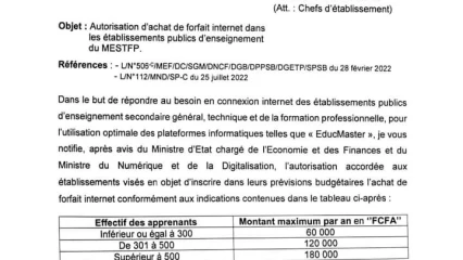 ENSEIGNEMENT SECONDAIRE AU BÉNIN : Les établissements publics peuvent désormais se procurer de forfait internet