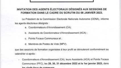 LÉGISLATIVES DU 8 JANVIER 2023 AU BÉNIN :  La Céna donne les dates des sessions de formation des agents électoraux