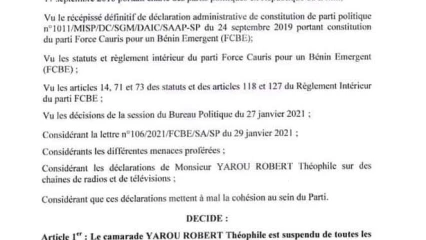 POUR AVOIR TENU DES PROPOS QUI METTENT A MAL LA COHÉSION AU SEIN DES FCBE : Théophile Yarou et De-Laure Faton suspendus du parti