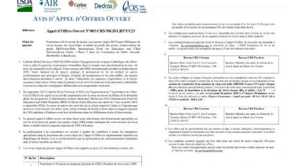 POUR LA FOURNITURE ET LA LIVRAISON DE VIVRES LOCAUX À PARAKOU : Crs lance un avis d&rsquo;appel d&rsquo;offres