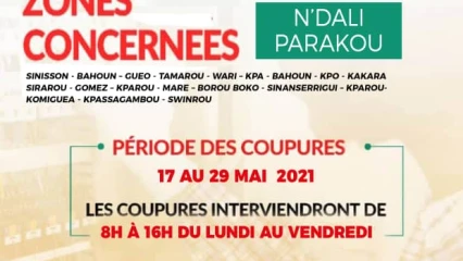 SBEE/TRAVAUX SUR LA LIGNE AERIENNE N’DALI-PARAKOU : Des coupures d’énergie électrique annoncées jusqu’au 29 mai