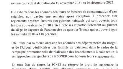 SONEB BORGOU-ALIBORI : Le directeur invite les abonnés à payer leurs factures